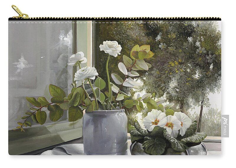 White Flowers Zip Pouch featuring the painting Fiori Bianchi Alla Finestra by Guido Borelli