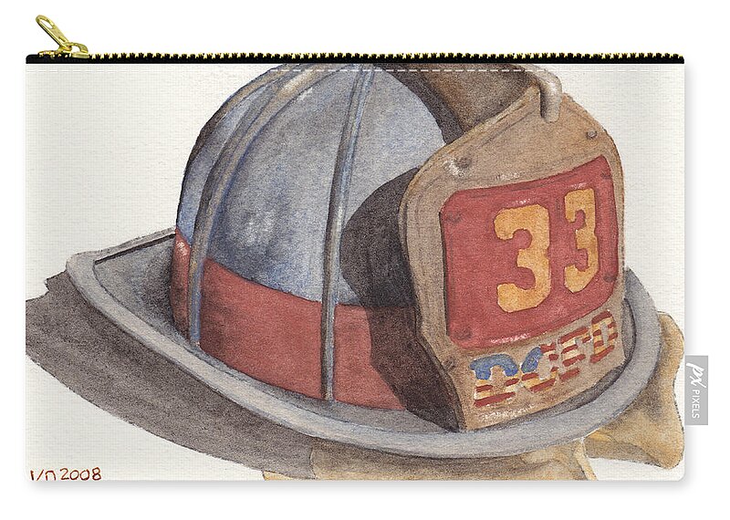 Fire Zip Pouch featuring the painting Firefighter Helmet With Melted Visor by Ken Powers