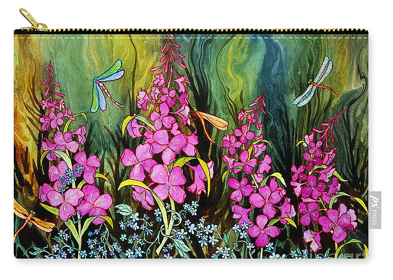 Fireweed And Dragonflies Zip Pouch featuring the painting Fireweed and Dragonflies by Teresa Ascone