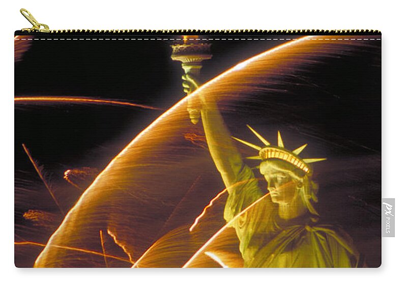 Vertical Zip Pouch featuring the photograph Fireworks And The Statue Of Liberty by Andy Levin