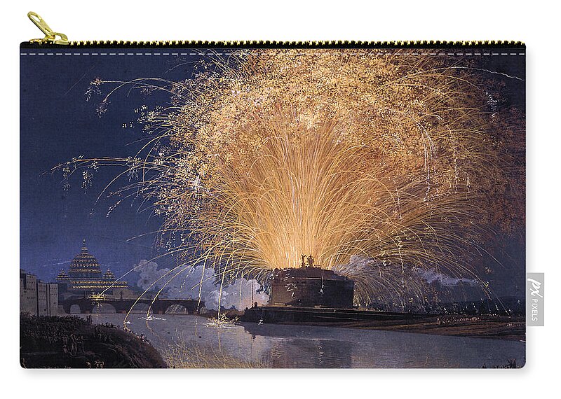 Jacob Philipp Hackert Zip Pouch featuring the painting Fireworks over Castel Sant'Angelo in Rome by Jacob Philipp Hackert