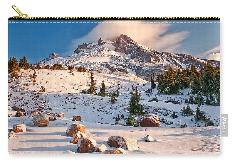 Mount Hood Zip Pouch featuring the photograph First Snow by Darren White