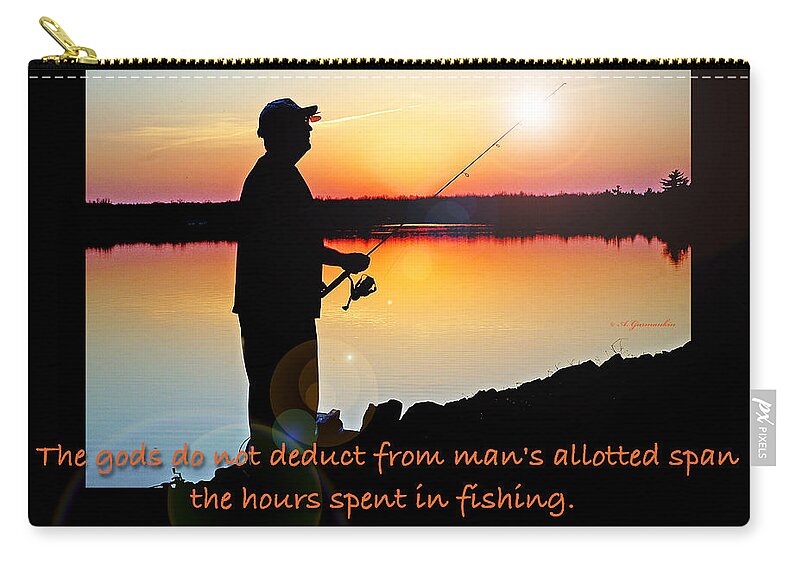 Fisherman Zip Pouch featuring the photograph Fisherman Silhouette Sunset Mountain Lake Fishing Proverb by A Macarthur Gurmankin