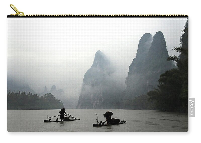 Chinese Culture Zip Pouch featuring the photograph Fishermen With Bamboo Raft In Li River by Melindachan