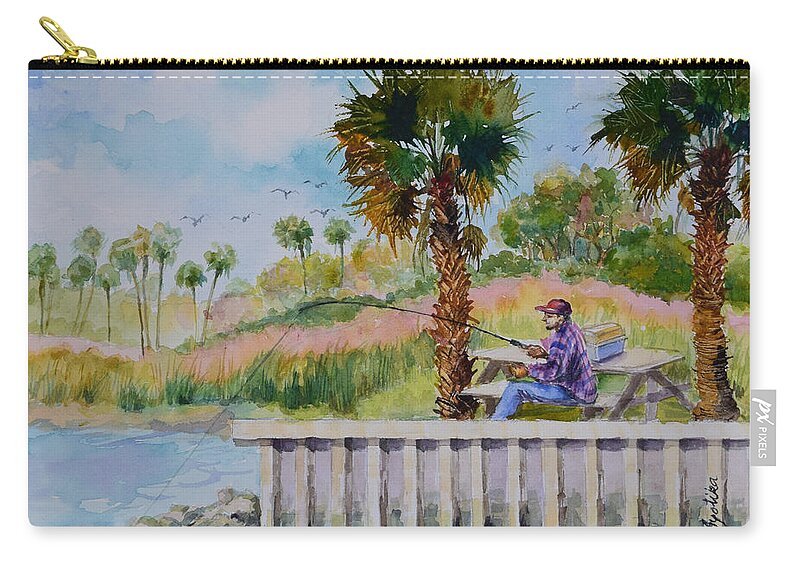 River Carry-all Pouch featuring the painting Fishing on the Peir by Jyotika Shroff