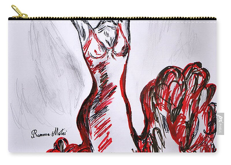 Flamenco Zip Pouch featuring the drawing Red Flamenco by Ramona Matei