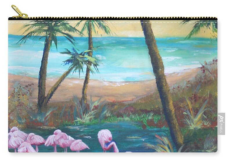 Gail Daley Zip Pouch featuring the painting Flamingo Beach by Gail Daley