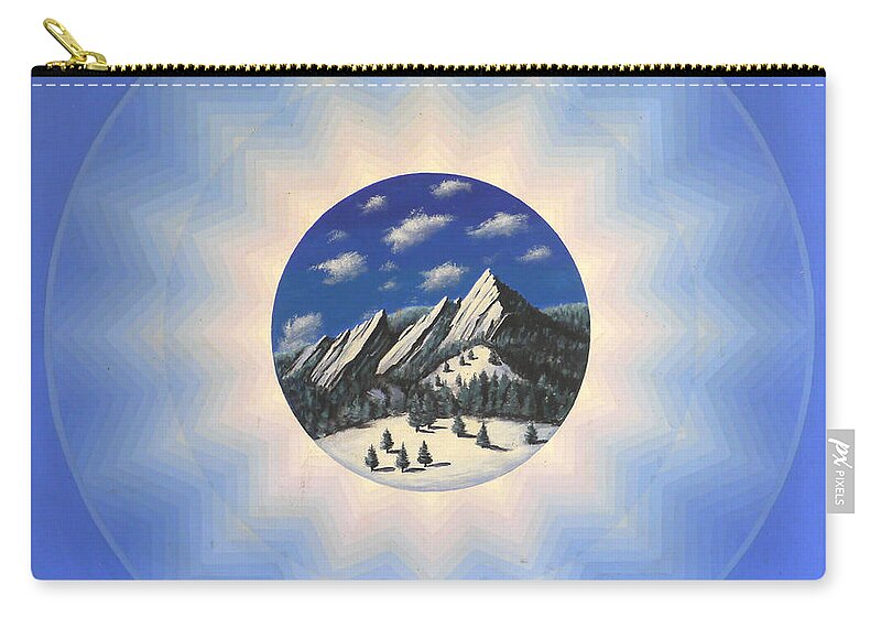 Boulder Flatirons Mandala Zip Pouch featuring the painting Flatiron Mandala by George Tuffy
