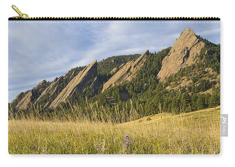 Boulder Photos Zip Pouch featuring the photograph Flatirons with a Purple Wildflower by James BO Insogna