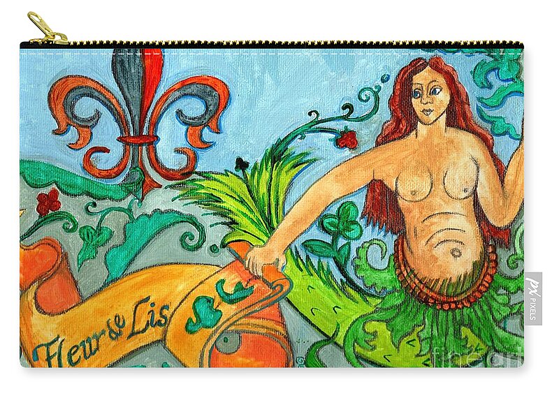 Fleur De Lis Zip Pouch featuring the painting Fleur De Lis Mermaid by Genevieve Esson