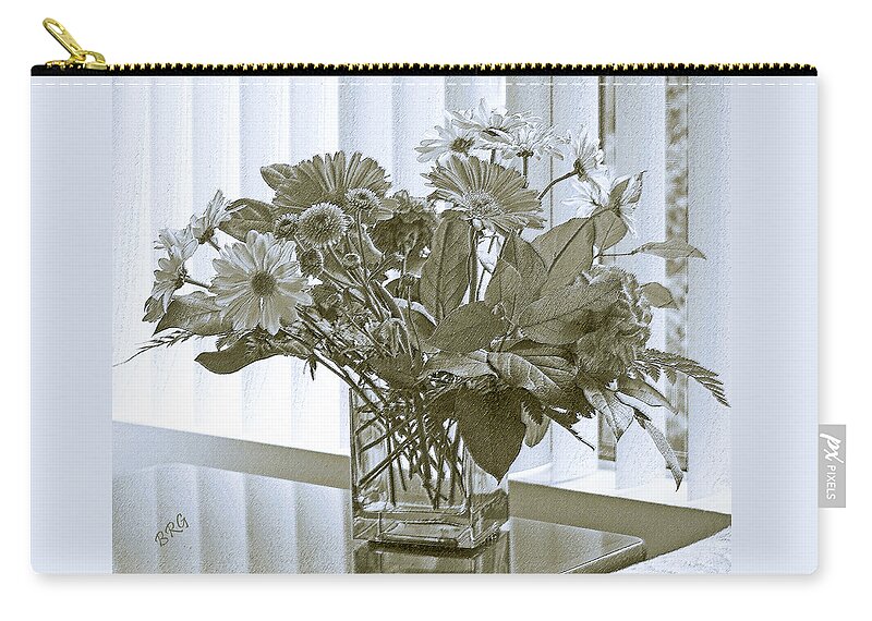 Floral Still Life Zip Pouch featuring the photograph Floral Arrangement With Blinds Reflection by Ben and Raisa Gertsberg