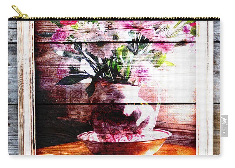 Flowers On Wood Zip Pouch featuring the photograph Flowers and Wood by Patricia Greer