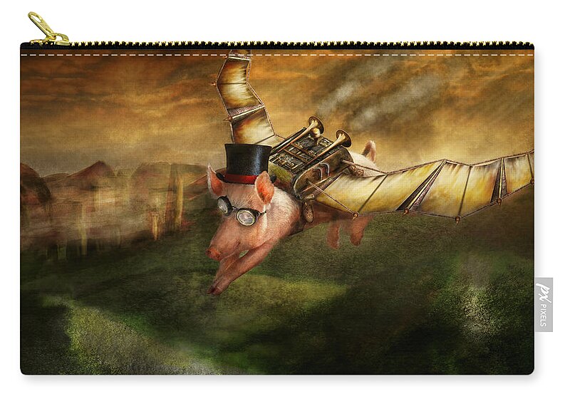 Pig Zip Pouch featuring the photograph Flying Pig - Steampunk - The flying swine by Mike Savad