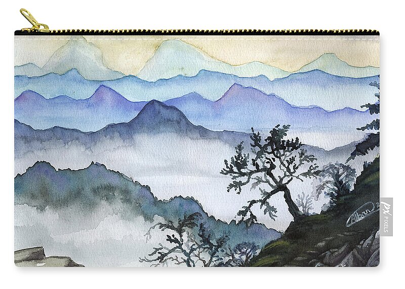 Montaines Zip Pouch featuring the painting Foggy mountaines sunset view by Alban Dizdari