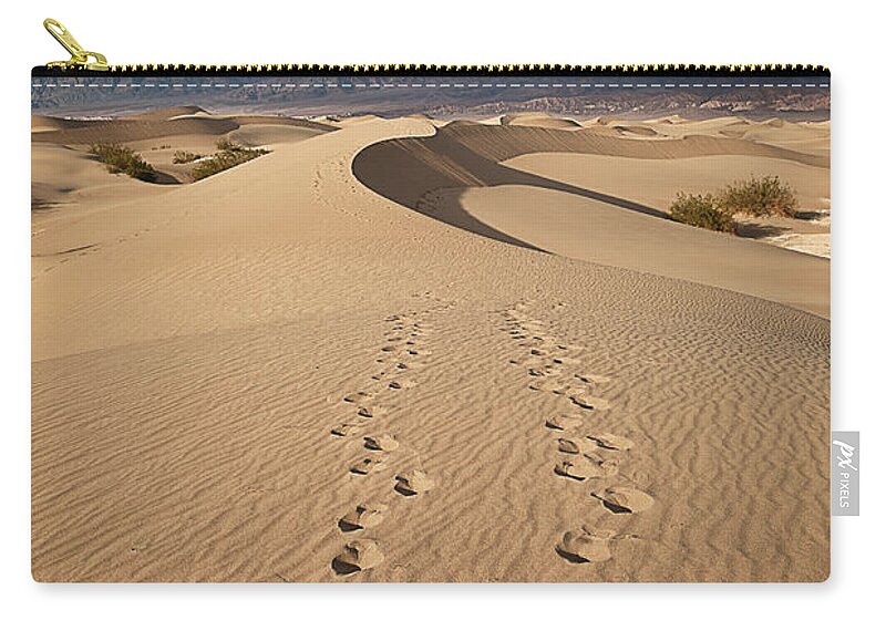 Scenics Zip Pouch featuring the photograph Footprints On Mesquite Dunes, Death by Alice Cahill