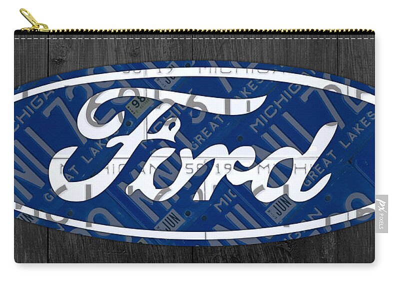 Ford Zip Pouch featuring the mixed media Ford Motor Company Retro Logo License Plate Art by Design Turnpike