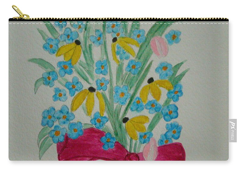 Flowers Spring Bouquet Forget-me-nots Daisy Tulips Ribbon Bow Zip Pouch featuring the painting Forget-me-Not Bouquet by Colleen Casner