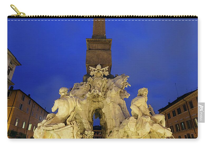 Statue Zip Pouch featuring the photograph Fountain Of The Four Rivers On The by Guy Vanderelst
