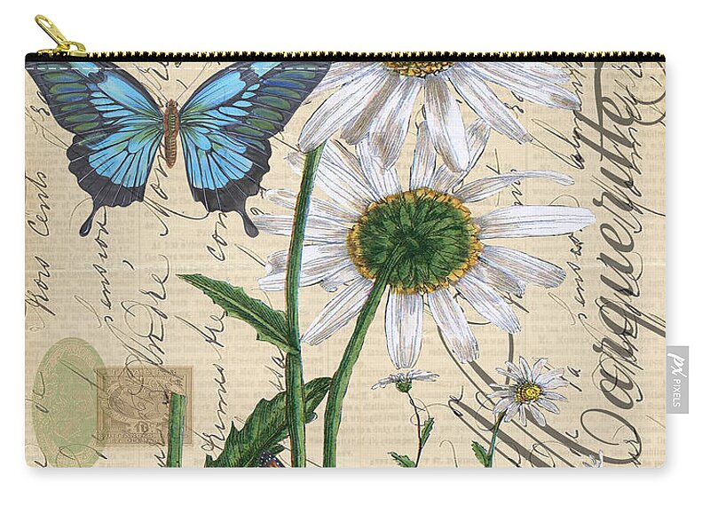 Flower Zip Pouch featuring the mixed media French Botanical-Marqueritte by Jean Plout