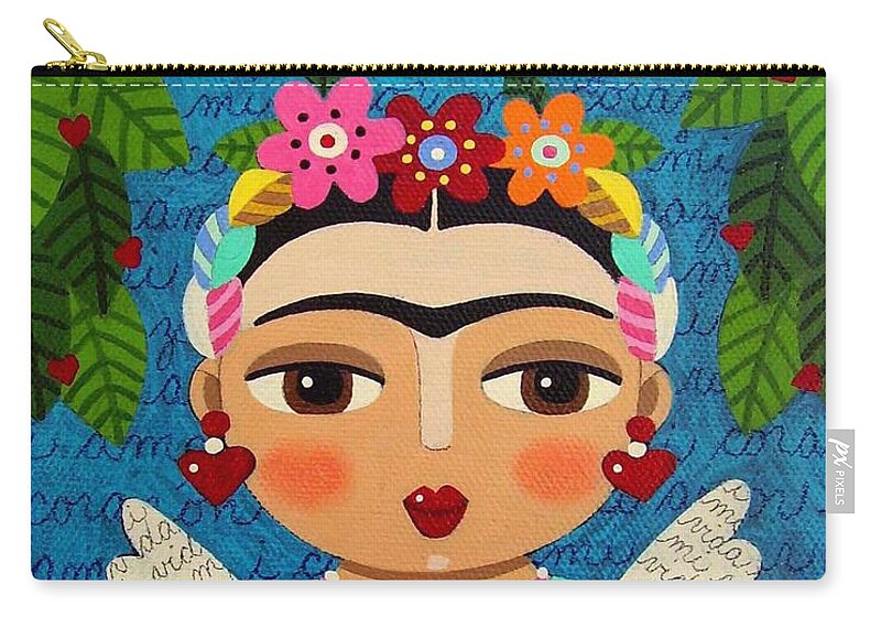 Frida Zip Pouch featuring the painting Frida Kahlo Angel and Flaming Heart by Andree Chevrier
