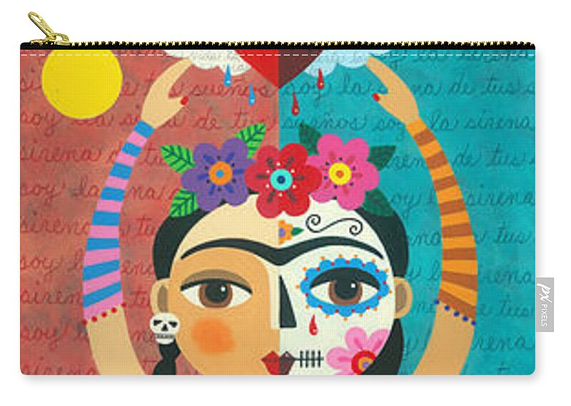 Frida Zip Pouch featuring the painting Frida Kahlo Mermaid Angel with Flaming Heart by Andree Chevrier