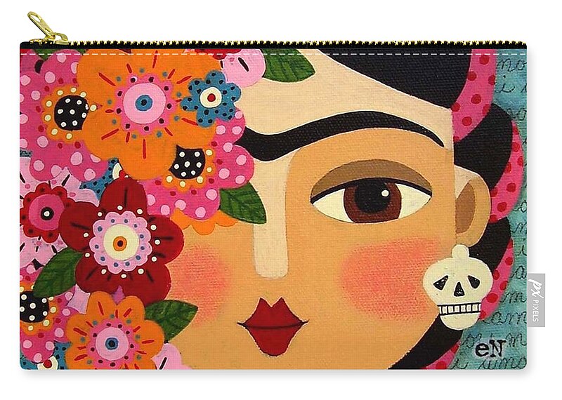 Frida Zip Pouch featuring the painting Frida Kahlo with Flowers and Skull by Andree Chevrier