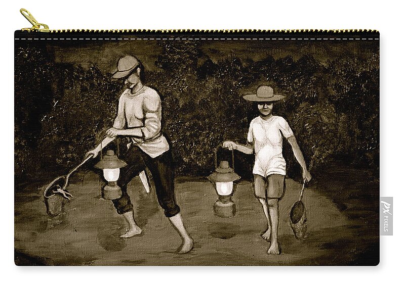 Frog Hunters Zip Pouch featuring the painting Frog Hunters Black and White Photograph Version by Cyril Maza