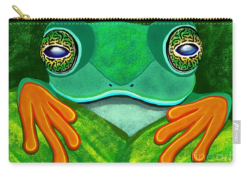 Frog Zip Pouch featuring the digital art Frog peeking over leaf by Nick Gustafson