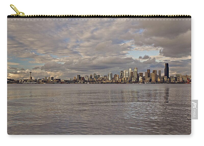 Sun Set Zip Pouch featuring the photograph from Alki Beach Seattle skyline by SC Heffner