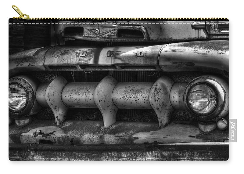 Black And White Of Fifty Two Ford Truck Zip Pouch featuring the photograph Front of Fifty Two Ford by Thomas Young