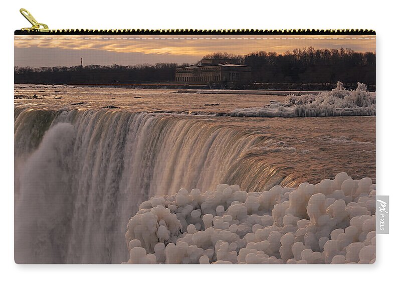 Niagara Falls Zip Pouch featuring the photograph Frozen Falls by Hany J