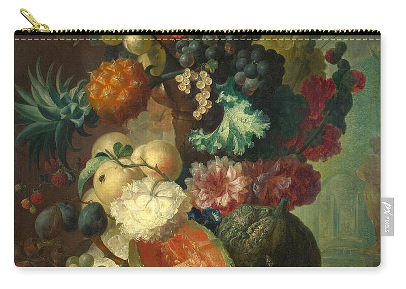 Jan Van Os Zip Pouch featuring the painting Fruit Flowers and a Fish by Jan van Os
