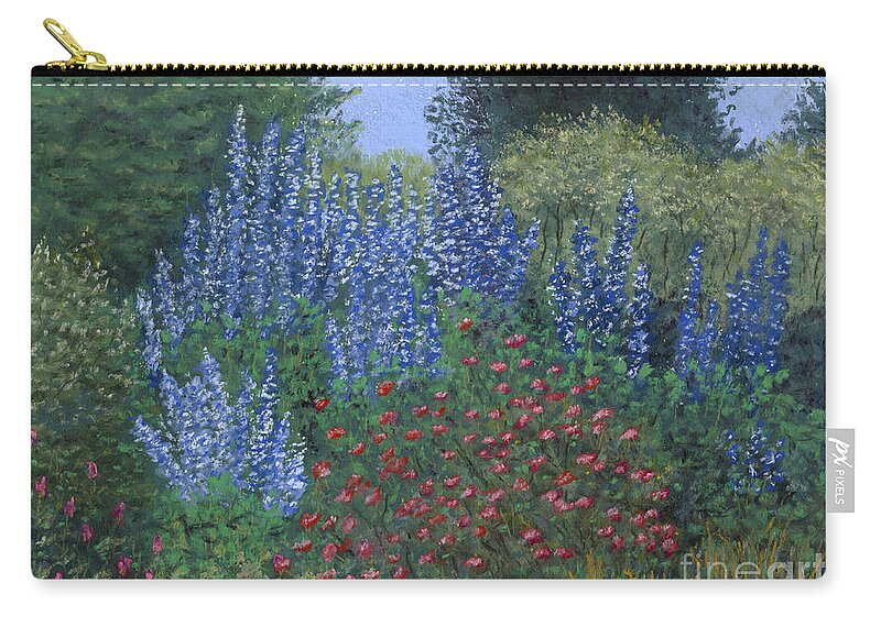 Blue Flowers In Garden Zip Pouch featuring the pastel Garden Delphiniums by Ginny Neece