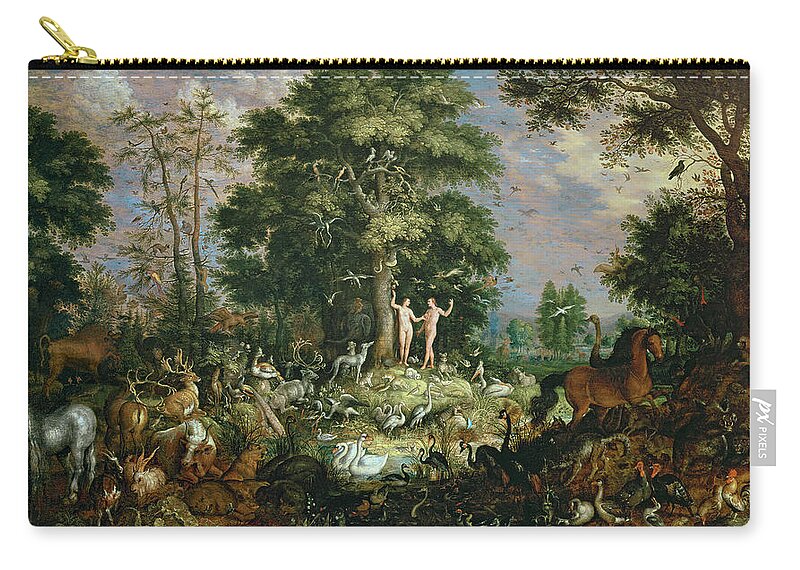 Ostriches Zip Pouch featuring the painting Garden Of Eden by Roelandt Jacobsz Savery