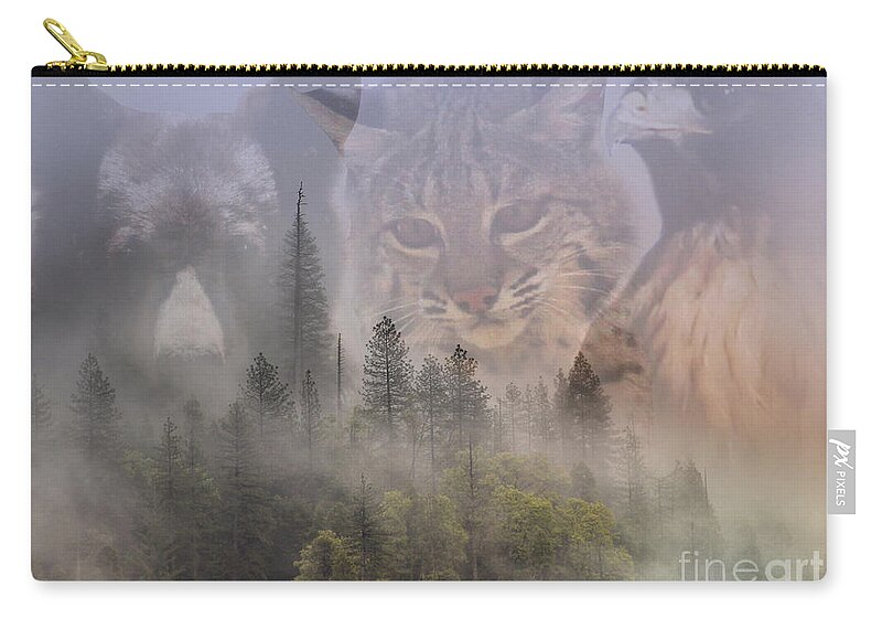 Bear Zip Pouch featuring the photograph Bear, Bobcat and Hawk in Forest by Stephanie Laird