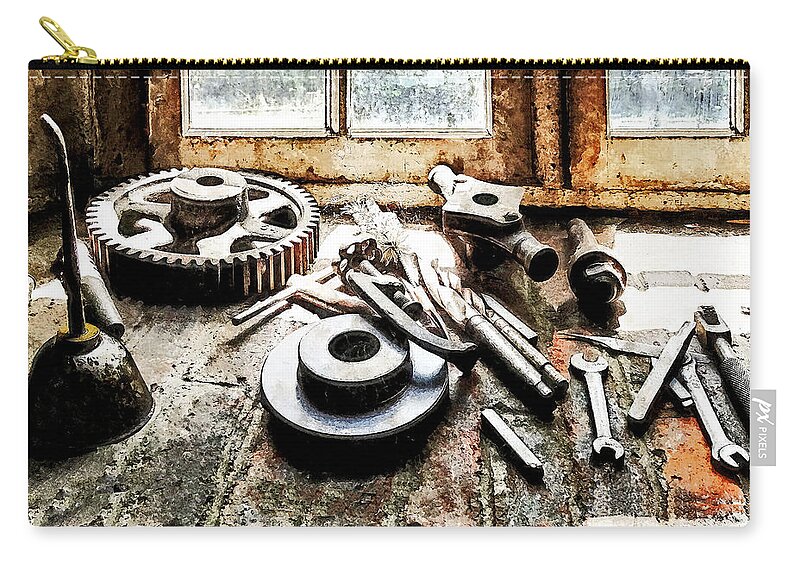 Gears Zip Pouch featuring the photograph Gears and Wrenches in Machine Shop by Susan Savad