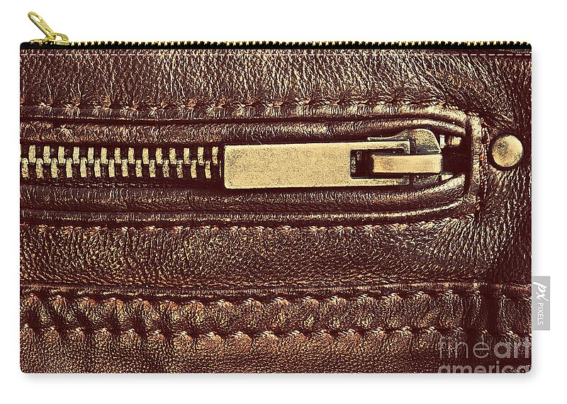 Leather Zip Pouch featuring the photograph Genuine brown leather with zip and seam by Michal Bednarek