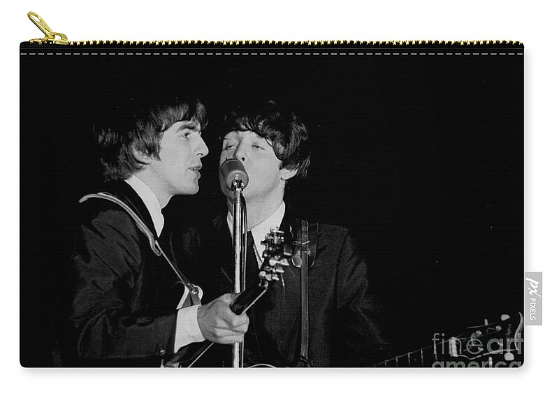 Beatles Zip Pouch featuring the photograph George Harrison & Paul Mccartney by Larry Mulvehill