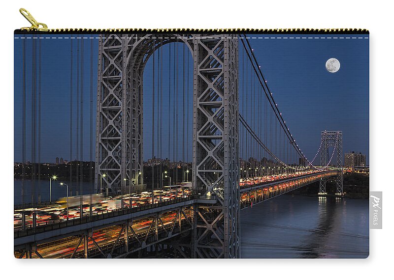 George Washington Bridge Carry-all Pouch featuring the photograph George Washington Bridge Moon Rise by Susan Candelario
