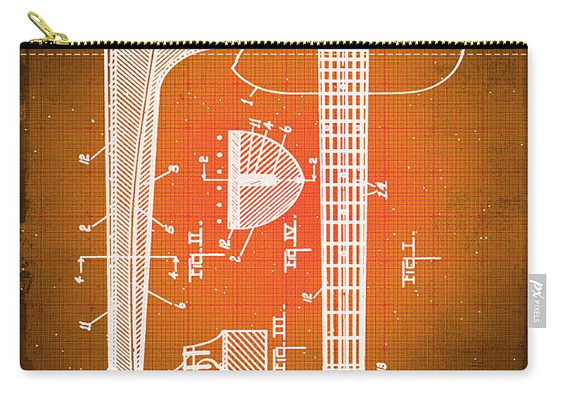 Guitar Zip Pouch featuring the drawing Gibson Thaddeus J Mchugh Guitar Patent Blueprint Drawing Sepia by Tony Rubino