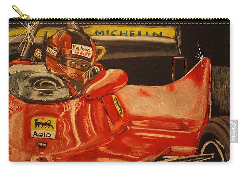 Gilles Villeneuve Zip Pouch featuring the painting Gilles Villeneuve at Monaco 1980 by Juan Mendez