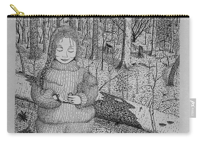 Girl Carry-all Pouch featuring the drawing Girl In The Forest by Daniel Reed