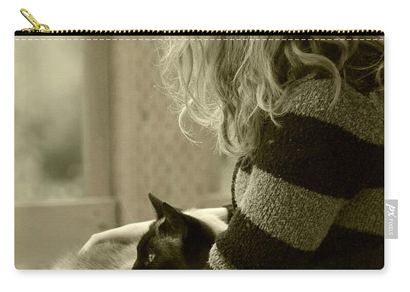 Profile Zip Pouch featuring the photograph Girl With Cat by KATIE Vigil