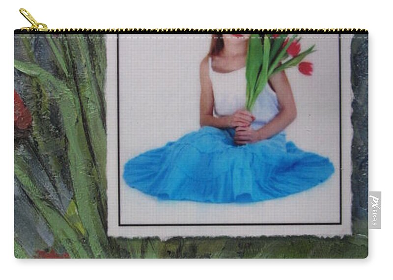 Girl Zip Pouch featuring the mixed media Girl with Tulips by Anita Burgermeister