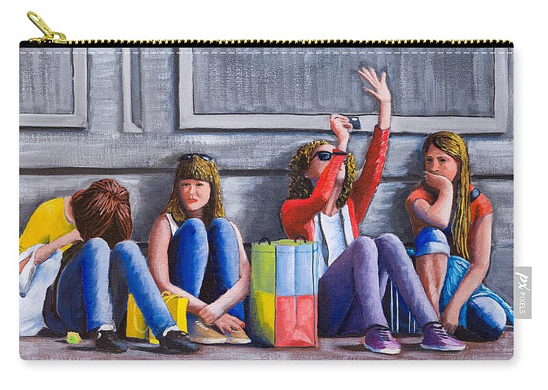 Girls Zip Pouch featuring the painting Girls Waiting for Ride by Kevin Hughes