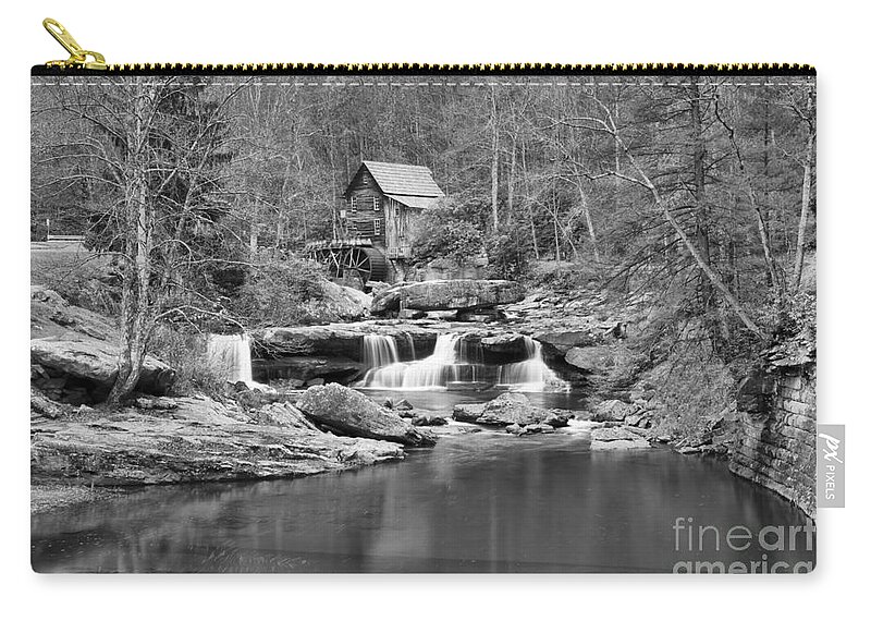 Glade Creek Black And White Zip Pouch featuring the photograph Glade Creek Grist Mill In Black And White by Adam Jewell