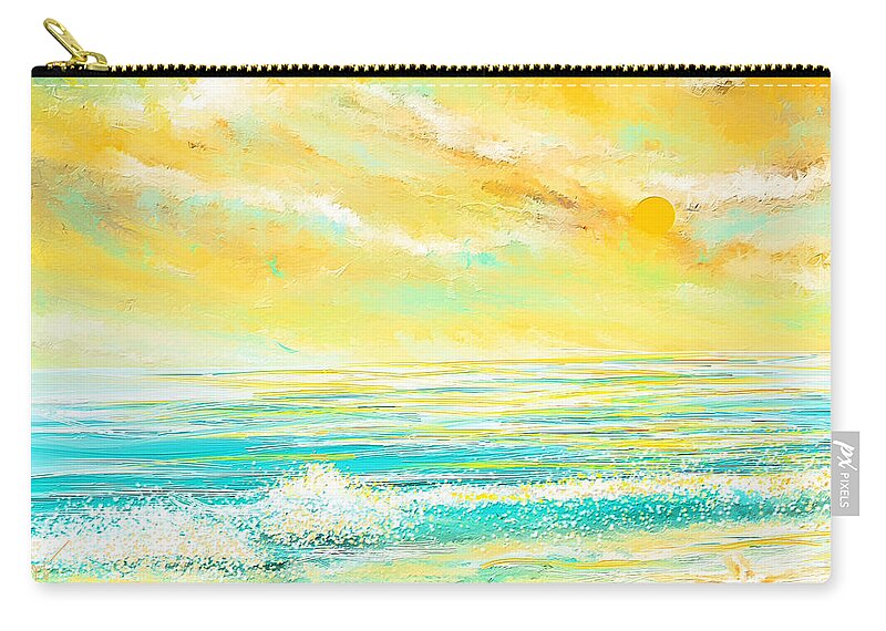 Turquoise Zip Pouch featuring the painting Glowing Waves - Seascapes Sunset Abstract by Lourry Legarde