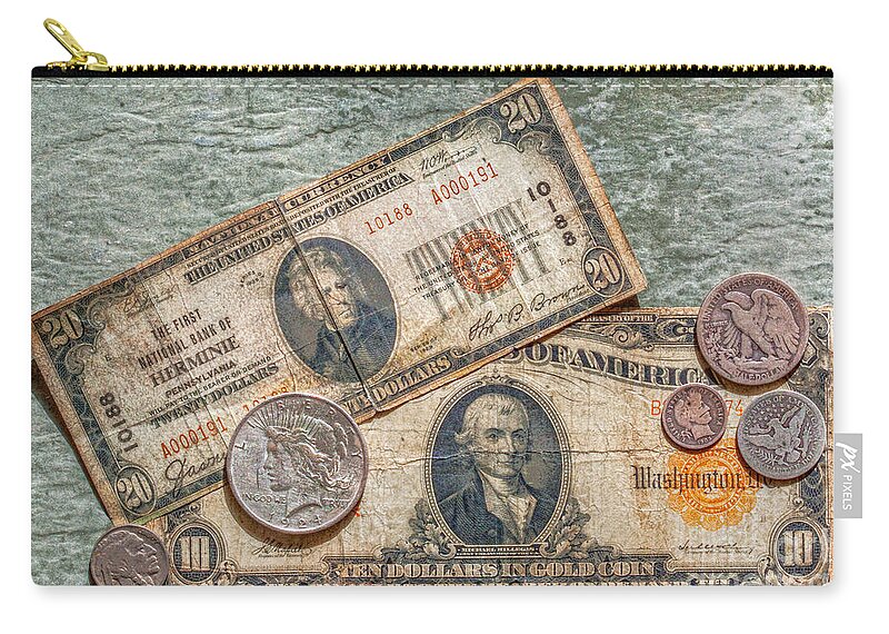 Gold Certificate And Silver Coins Zip Pouch featuring the photograph Gold Certificate and Silver Coins Ver 2 by Randy Steele