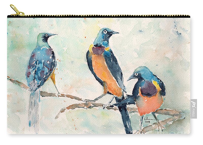Starling Bird Zip Pouch featuring the painting Golden-Breasted Starlings by Claudia Hafner