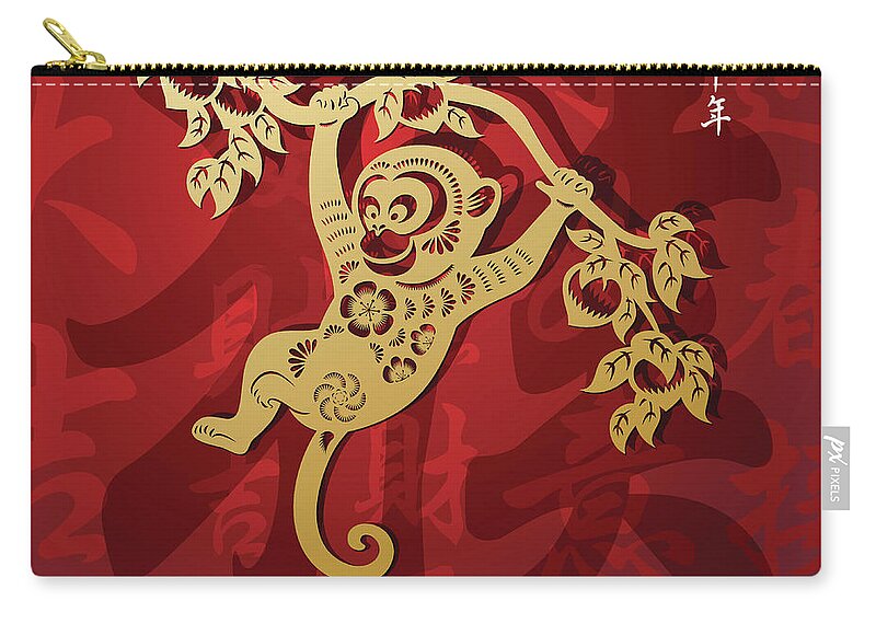 Chinese Culture Zip Pouch featuring the digital art Golden Papercut Art Monkey In Red by Exxorian